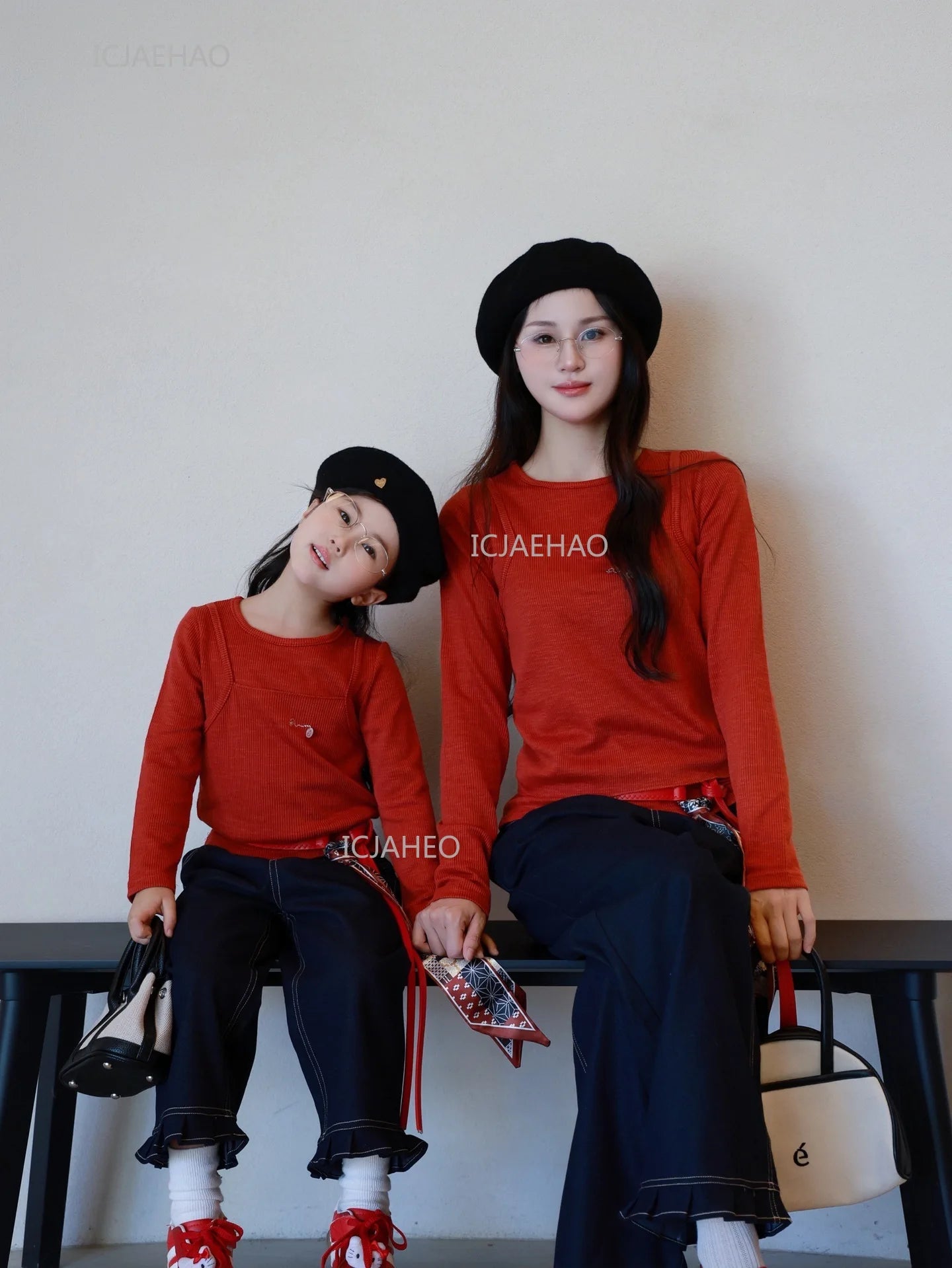 Matching Mother Daughter Children Orange Casual Outfit Straight Leg Jeans with Ribbon Trim Wide Leg Soft Denim Pants and Top Set
