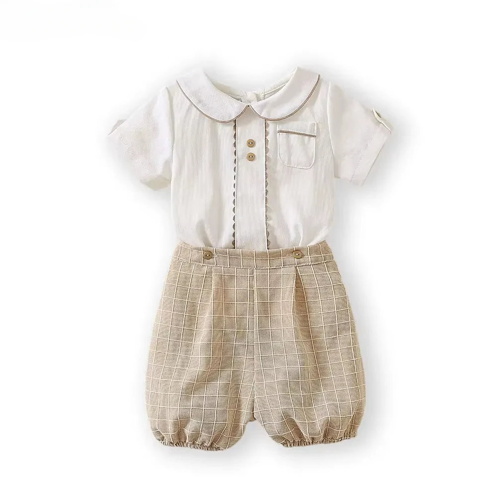 Spanish Toddlers Clothing Baby Boys Clothes Boutique Sets Outfit White Shirt Short 2pcs Plaid Pants Children Costume Kids Casual
