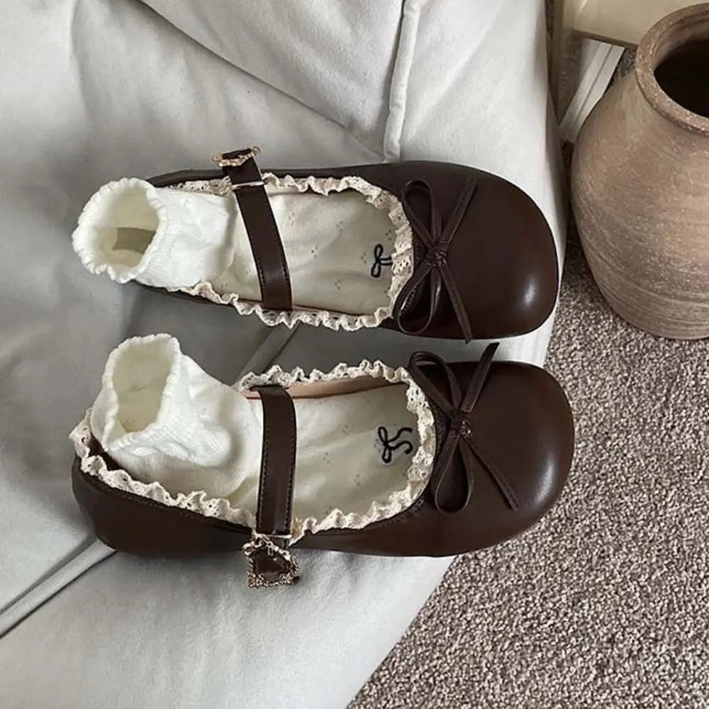 Lolita PU Leather JK Flat Shoes Bow Sweet Casual Ballet Flats Lace Ruffled Soft Sole Slip On Loafers Girls