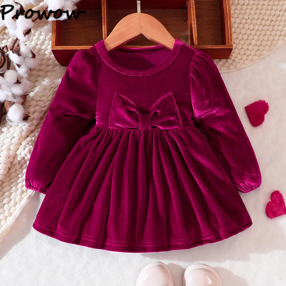 Prowow Baby Velvet Dresses New Year Long Sleeve Front Bow Purple Dress For Newborns Toddler Girls Christmas Costume 2026
