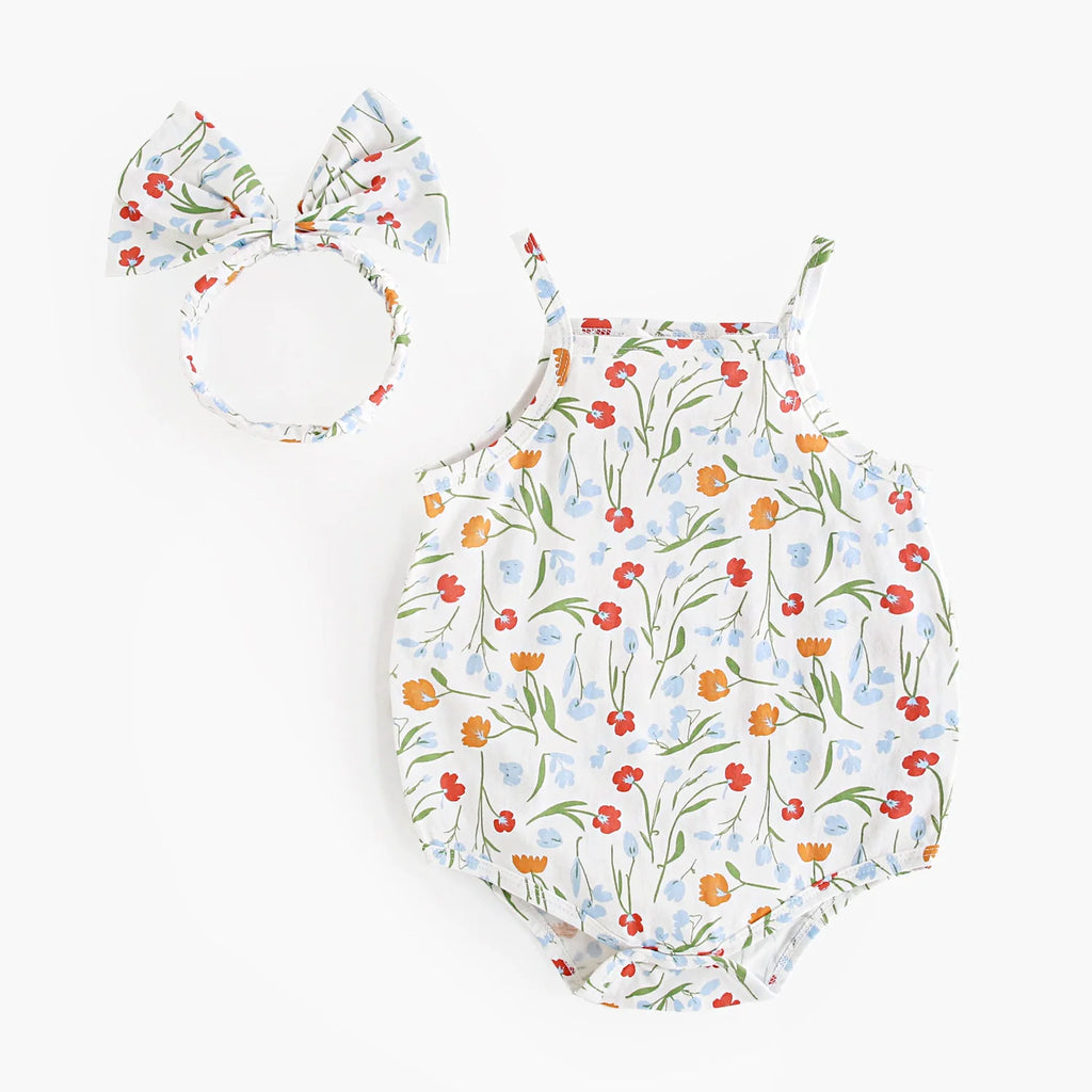 Fashion Sweet Baby Girls Bodysuits with Headband Floral Cute Infants Clothings Onesies