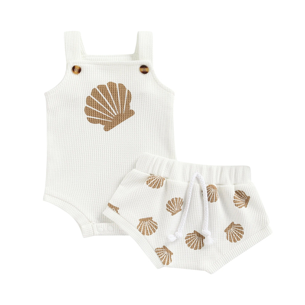 Conjuntos de ropa de verano para bebés de 0 a 18 meses, para niños y niñas, estampado de conchas, tirantes, botones, cuadros, monos de punto + pantalones cortos, chándales
