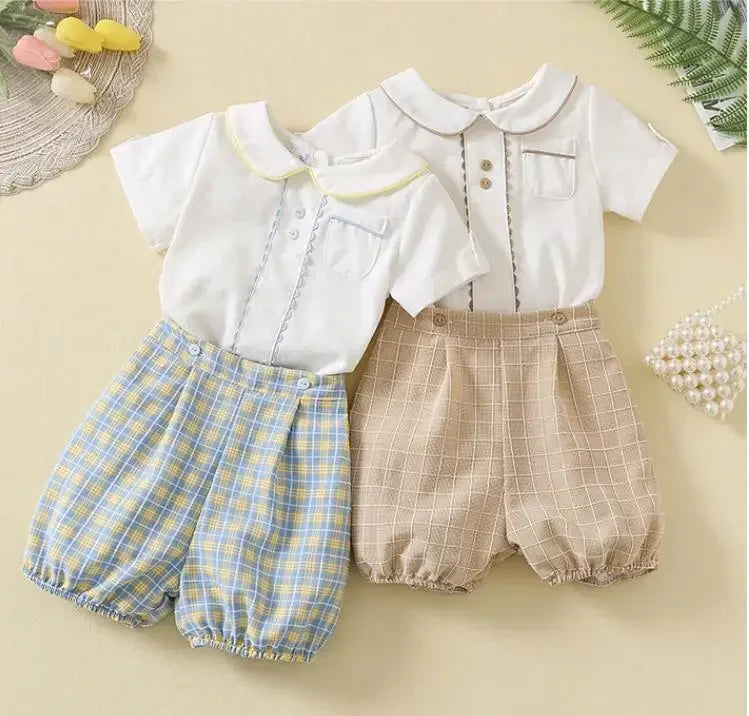 Spanish Toddlers Clothing Baby Boys Clothes Boutique Sets Outfit White Shirt Short 2pcs Plaid Pants Children Costume Kids Casual