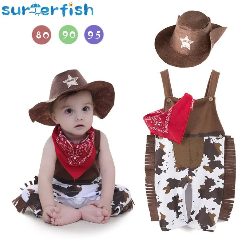 Ropa de bebé, disfraz de vaquero, conjunto de 3 piezas para bebé y niño pequeño: sombrero, bufanda, pelele, trajes de cumpleaños, vacaciones, cosplay