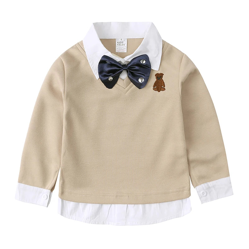 2025 Recién llegados Bebés Niños Otoño Algodón Sudadera con capucha Traje de vaquero Niños pequeños Caballero Pajarita Falso dos piezas Ropa para niños