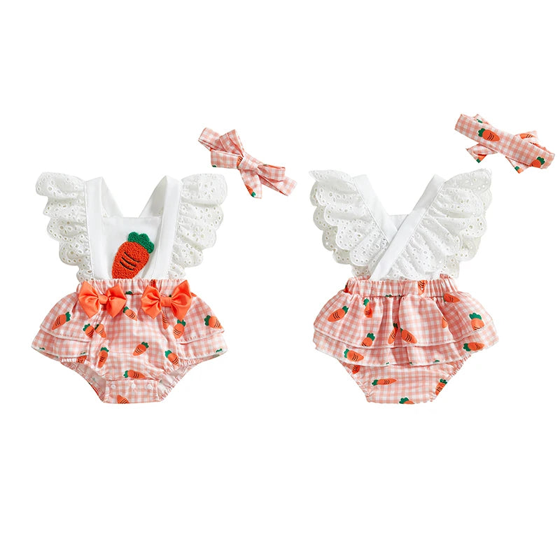 VISgogo Conjuntos de Pascua para Bebé Niña: Bodysuit Calado sin Mangas Cuello Cuadrado con Estampado de Zanahorias y Diadema con Lazo