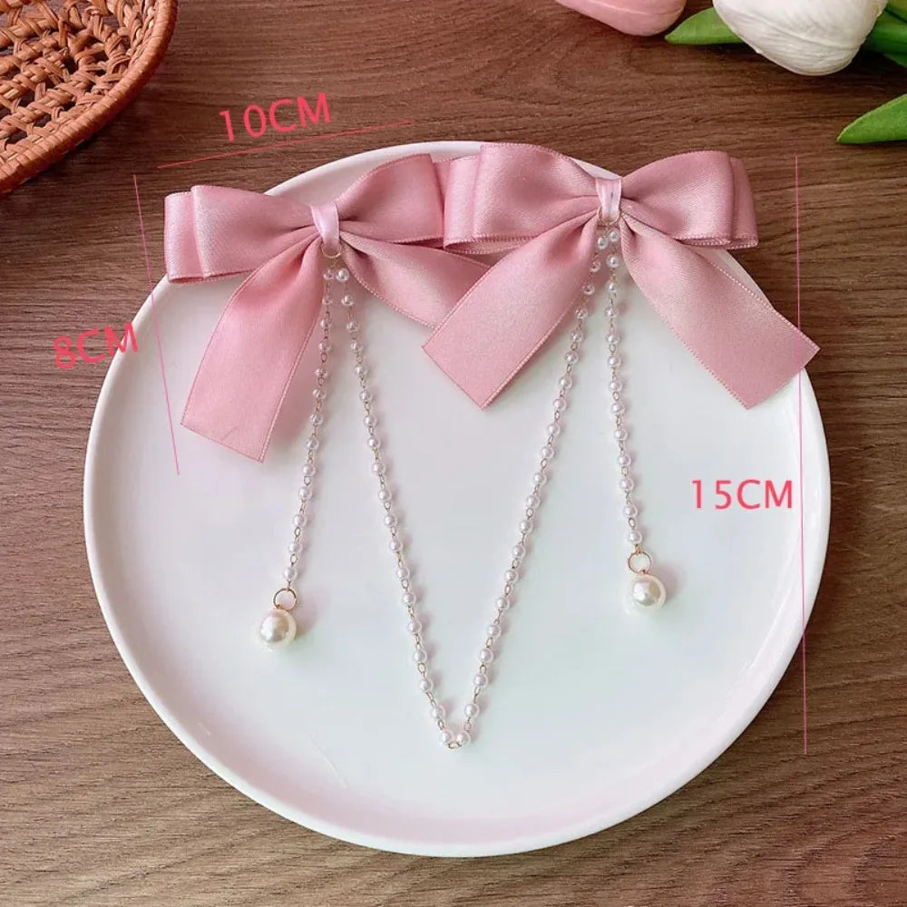 Dulce estilo princesa, perlas rosas, cadena de lazo, horquilla para el pelo para mujer, horquillas bonitas para la parte trasera de la cabeza para niñas, accesorios para el pelo