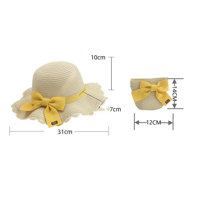 Summer Girls Beach Sun Hats Lotus Leaf Brim Cute Squinting Eyes Bowknot Outdoor Sun Protection Children Straw Cap Kids