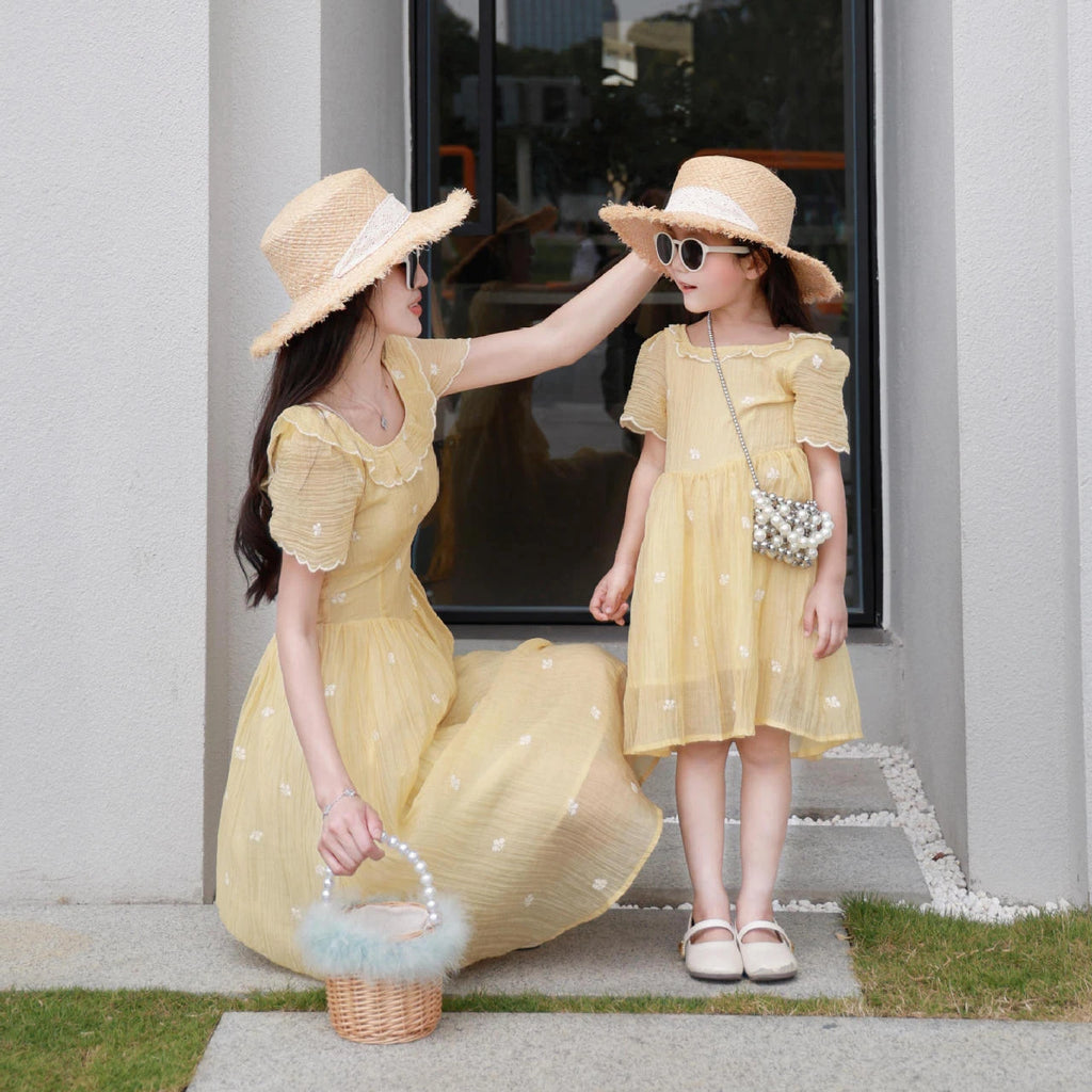 Mother and Daughter Matching Summer Dress Mom and Baby Girls Same Clothes Mommy and Me Short Sleeve Elegant Dresses for Women
