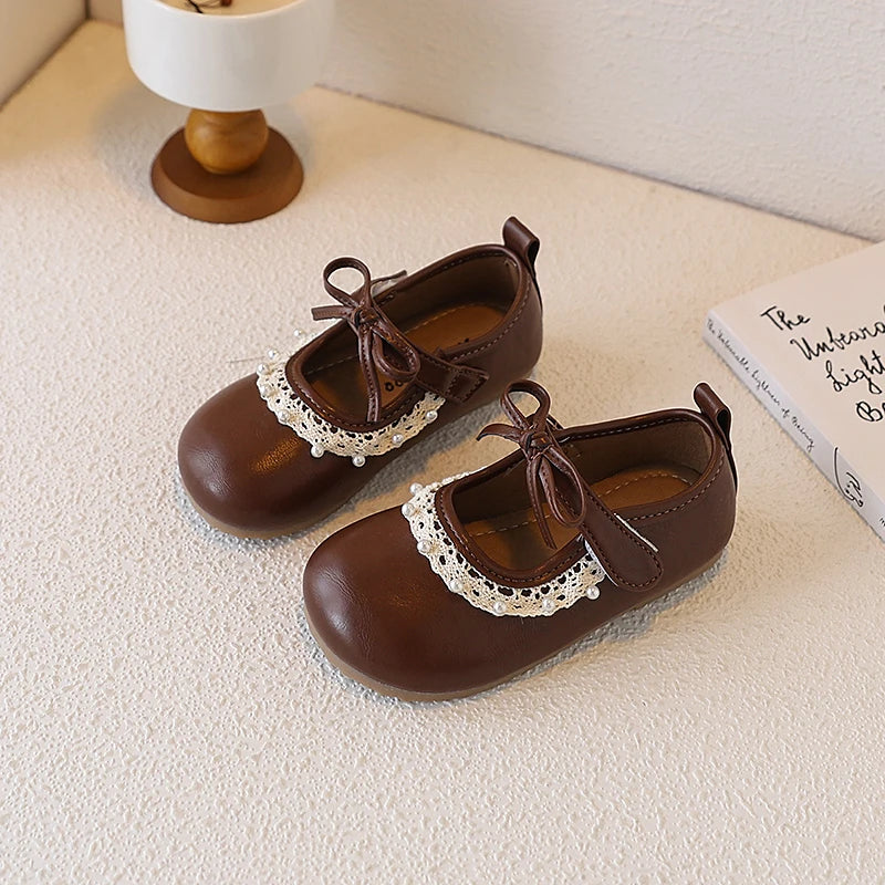 Little Girl'S Leather Shoes Ruffles Retro Style Adorable Kids Flat Shoe Spring Versatile Three Colors Fashion Children Mary Jane
