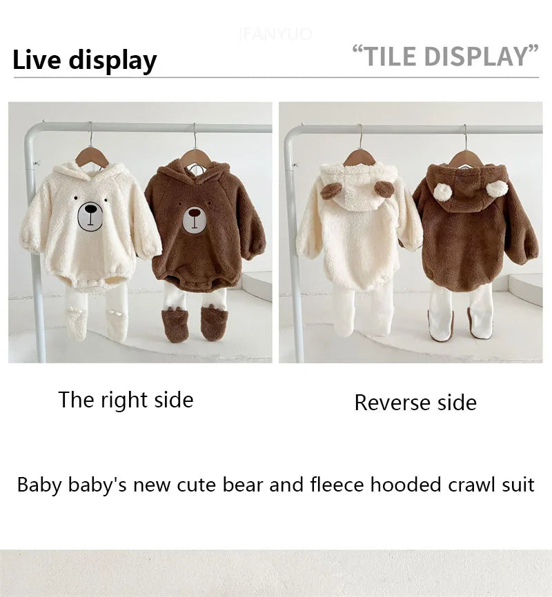 Baby Clothing Autumn Winter Cute Hooded Cartoon Bear Baby Crawling Clothes Pajamas Warm Double-sided Plush Jumpsuit Trousers Set
