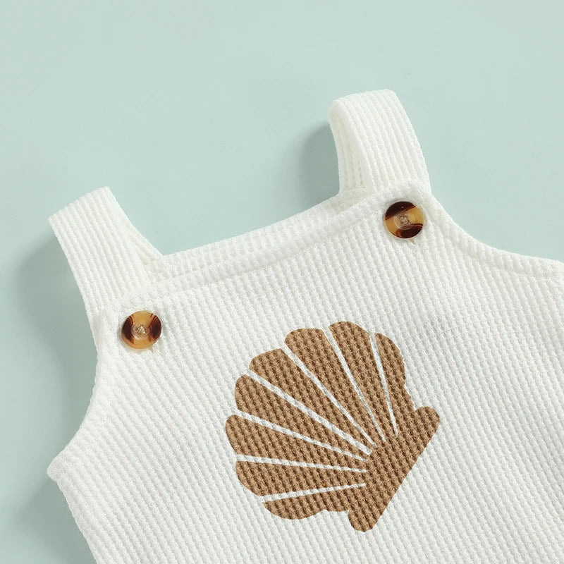 Conjuntos de ropa de verano para bebés de 0 a 18 meses, para niños y niñas, estampado de conchas, tirantes, botones, cuadros, monos de punto + pantalones cortos, chándales