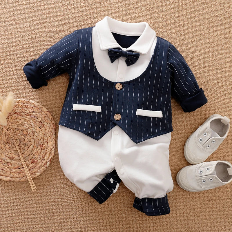 Ropa de bebé recién nacido primavera y otoño 0-18m, estilo caballero, vestido formal elegante, fiesta, algodón, cómodo, mono de bebé de manga larga