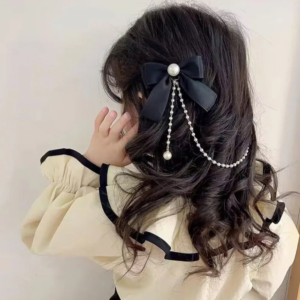 Dulce estilo princesa, perlas rosas, cadena de lazo, horquilla para el pelo para mujer, horquillas bonitas para la parte trasera de la cabeza para niñas, accesorios para el pelo