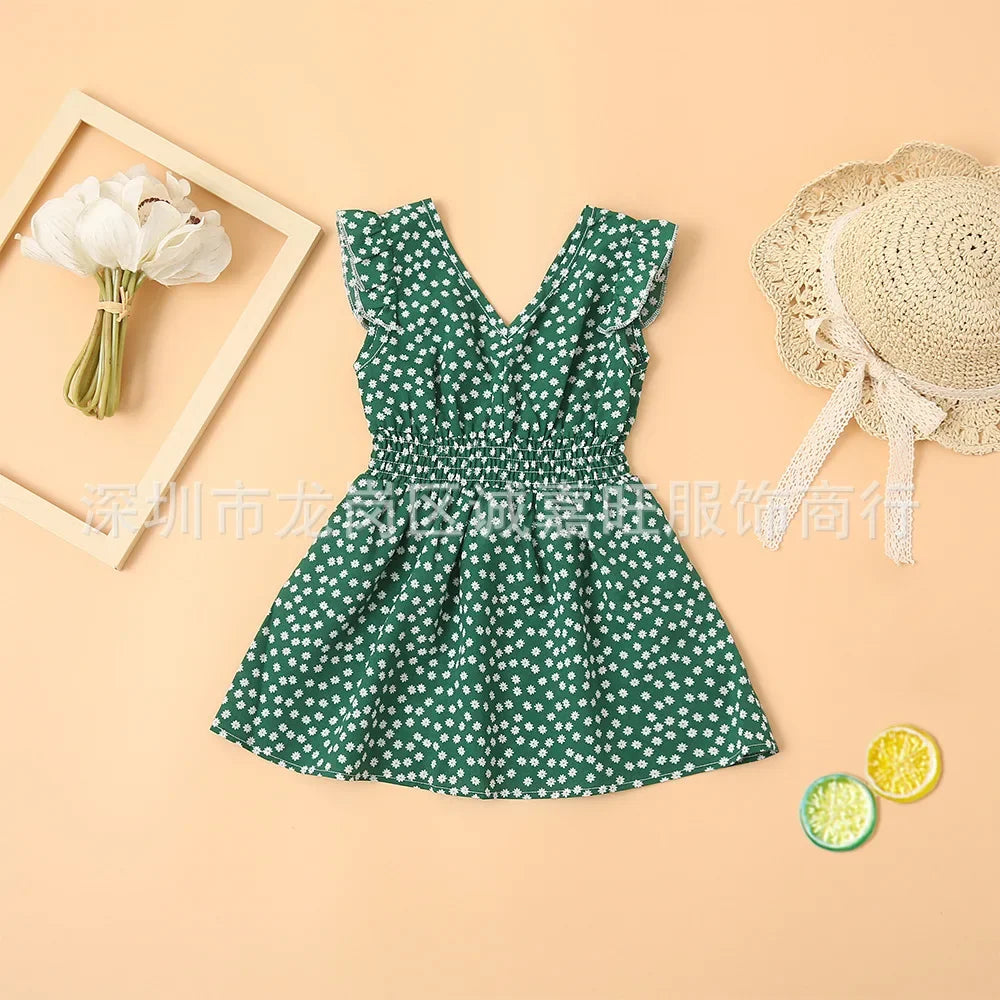 V-Neck Mother Daughter Dresses Family Set Flower Mommy and Me Matching Clothes Fashion Woman Girls Sleeveless Dress Outfits 2025