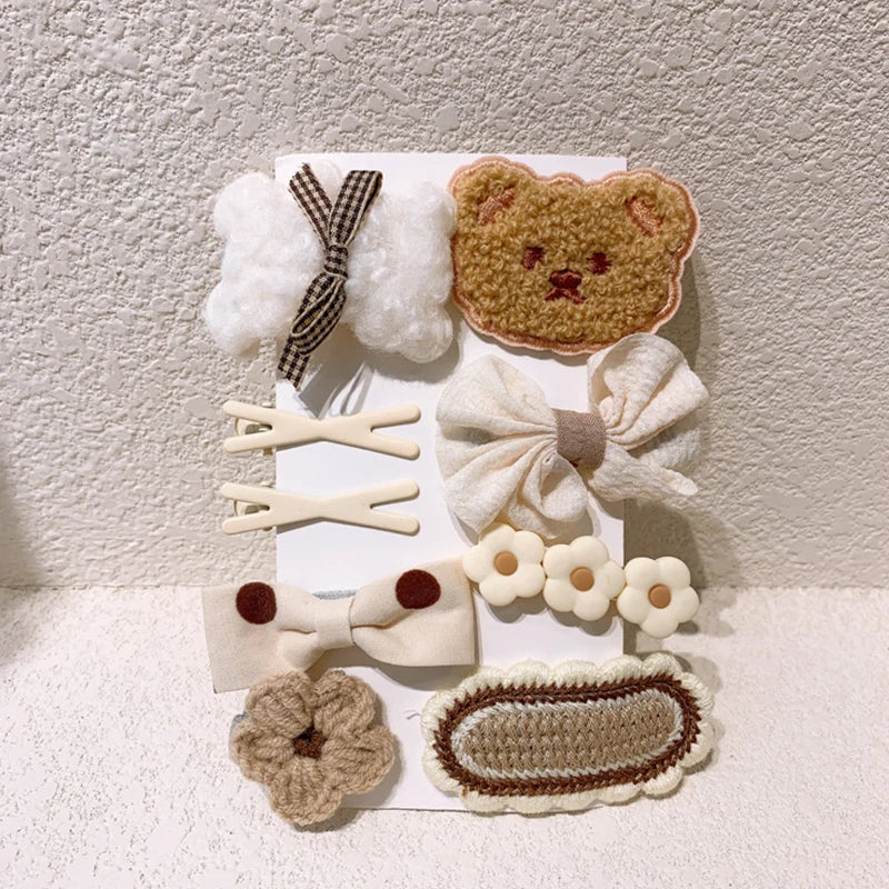 9 unidades/set de pinzas para el pelo de dibujos animados para niña, bonitas horquillas de oso, lazo, flores de punto, pasadores para niños, accesorios para el pelo de bebé