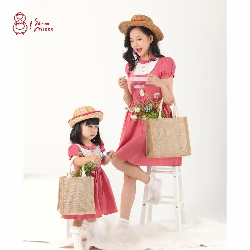 Baby One-year-old Mother and Daughter Boutique Dress Rose Red Dress Girls Summer Parent-child Mori Pastoral Dress
