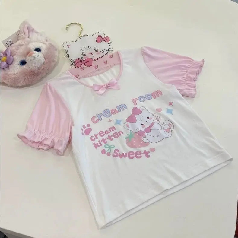 Mommy and Daughter Matching Clothes Cartoon Cat Printed Cotton Short-sleeved T-shirt + Overalls Summer Sweet Girl Y2k Suits