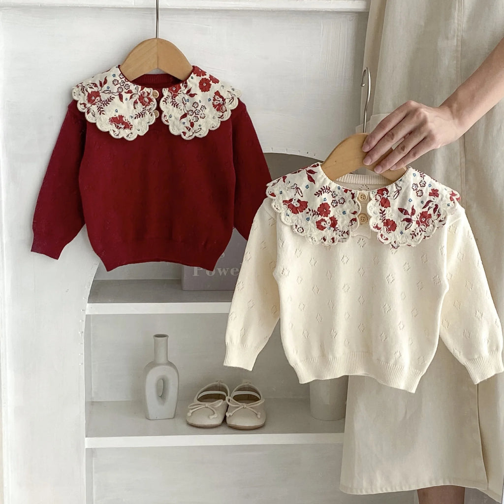 Autumn clothing for infants, young children, girls, babies, sweet big lace collars, knitted pullovers, tops, basecoats
