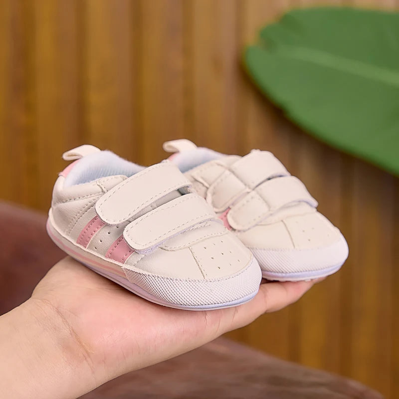 Suitable for Spring and Autumn, Indoor and Outdoor Use, Baby Boy and Girl Walking Shoes, Two-Color Stripe Decoration, Pu with Two Velcro Straps, Rubber Sole, Casual Fashion Sneakers for 0-1 Year Old Babies