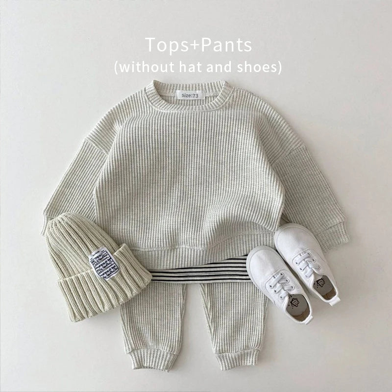 Baby Waffle Material Clothing Suit For Boys and Girls Sweatshirt+Trousers Two-piece Baby Clothing Suit for Spring and Autumn