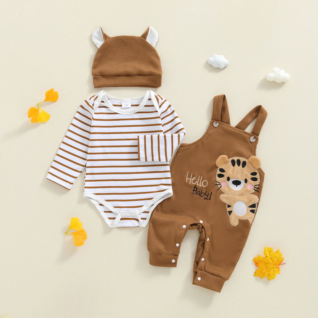 Tregren 0–18 Monate Baby Jungen Bekleidungssets Modischer Langarm gestreifter Strampler mit Tiger bestickter Latzhose und Hut