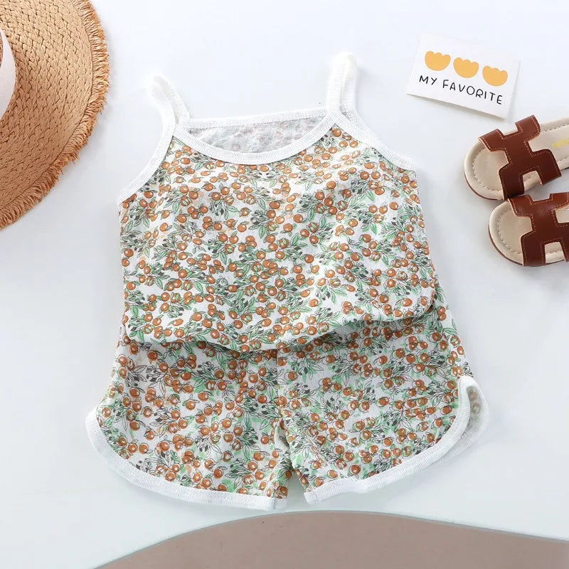 Conjuntos de ropa de verano para niñas, nuevo top sin mangas para bebés, pantalones cortos, traje de 2 piezas, conjunto de ropa con cuello cuadrado para niñas, ropa de algodón para niños