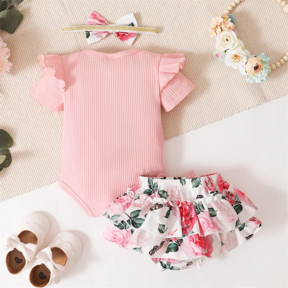 0-18 Monate Kleinkind Baby Mädchen 3-teiliges Kostüm-Set Neugeborenes Baby Mädchen Rüschen Kurzarm Strampler + kurze Hose Rock Kleinkind Mädchen Set