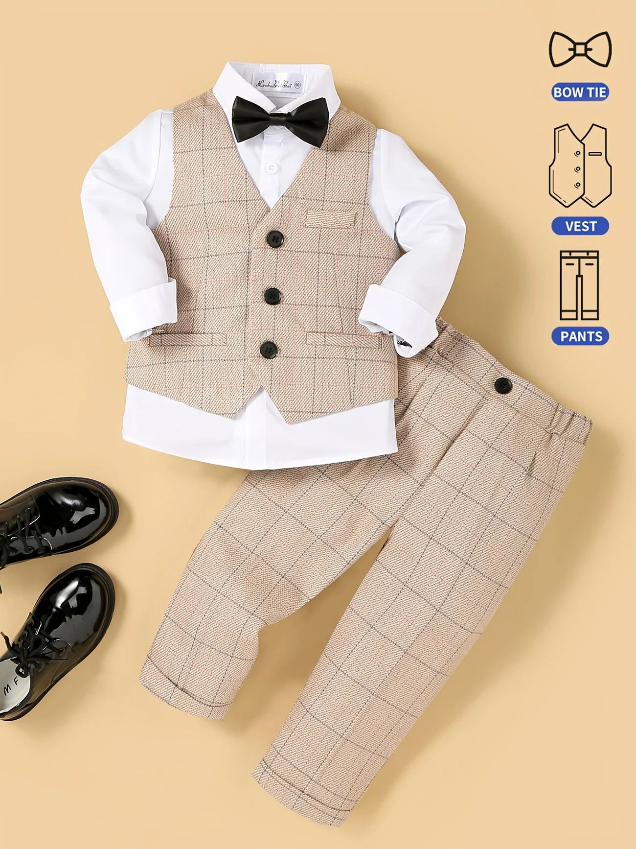 Atuendo de niño florista para bodas, chaleco formal, pantalones, pajarita, conjunto de 3 piezas para actuación de anfitrión de piano/discursos.