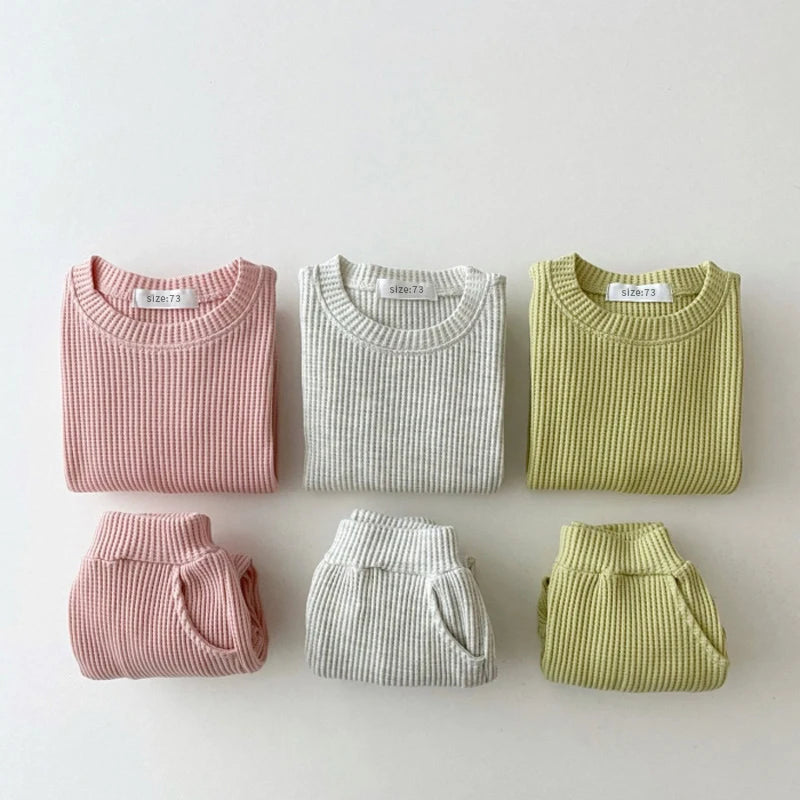 Baby Waffle Material Clothing Suit For Boys and Girls Sweatshirt+Trousers Two-piece Baby Clothing Suit for Spring and Autumn