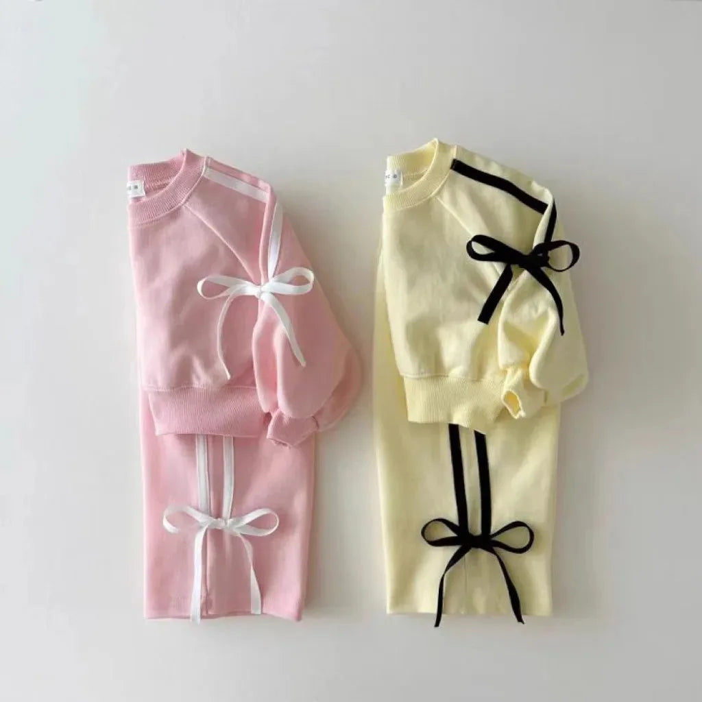 Baby Clothing Set Fashion Bow Decoration Pink Sports Top+Pants Two-piece Sets Sweatshirts Pant Suits 0-5 year old children's set