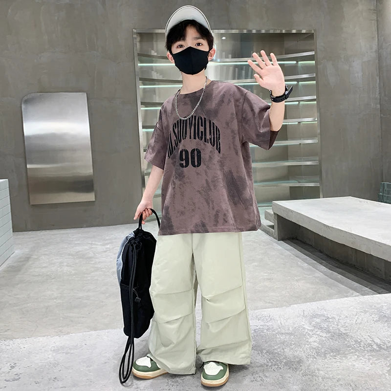 Jungen Sommerkleidung Oberteil und Hose Set für Teenager Kinder Freizeit Baumwoll-Outfit Anzug Braun Farbe Kinder Baumwollkleidungsset