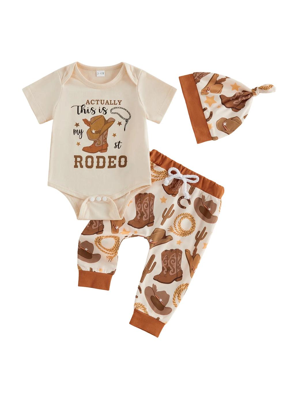 Baby Boy's Western Clothing Sets Fashionable Booties Print Short Sleeve Romper with Pants Hat 3Pcs Outfits