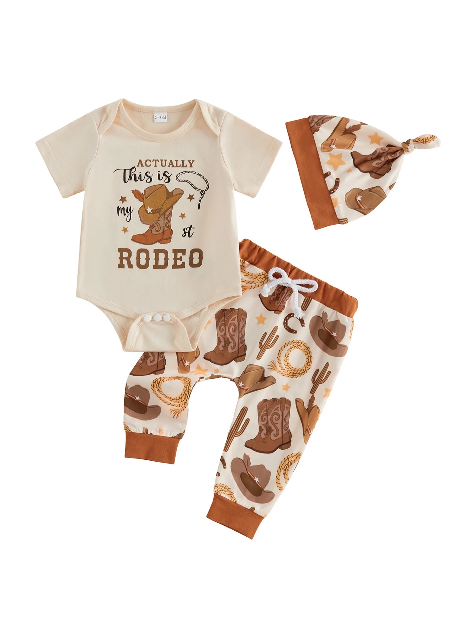 Baby Boy's Western Clothing Sets Fashionable Booties Print Short Sleeve Romper with Pants Hat 3Pcs Outfits