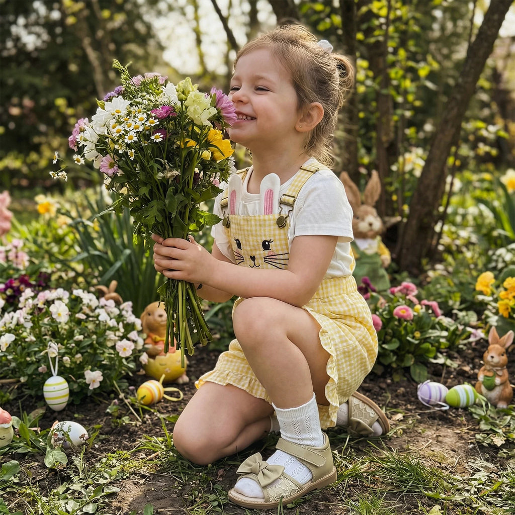 Kinder Mädchen Hasen Overall mit Taschen Niedlicher Hase Rüschenbesatz Ärmelloser Jumpsuit Shorts für Ostern