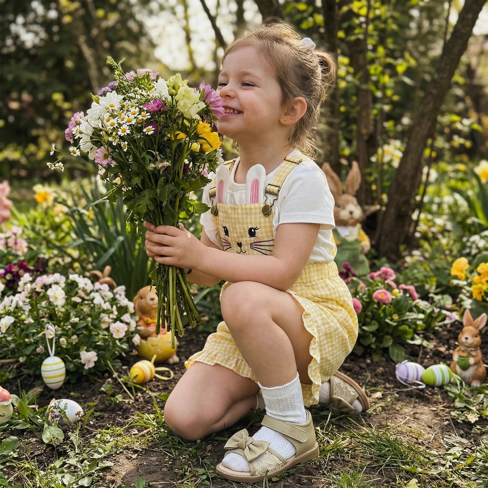 Kinder Mädchen Hasen Overall mit Taschen Niedlicher Hase Rüschenbesatz Ärmelloser Jumpsuit Shorts für Ostern