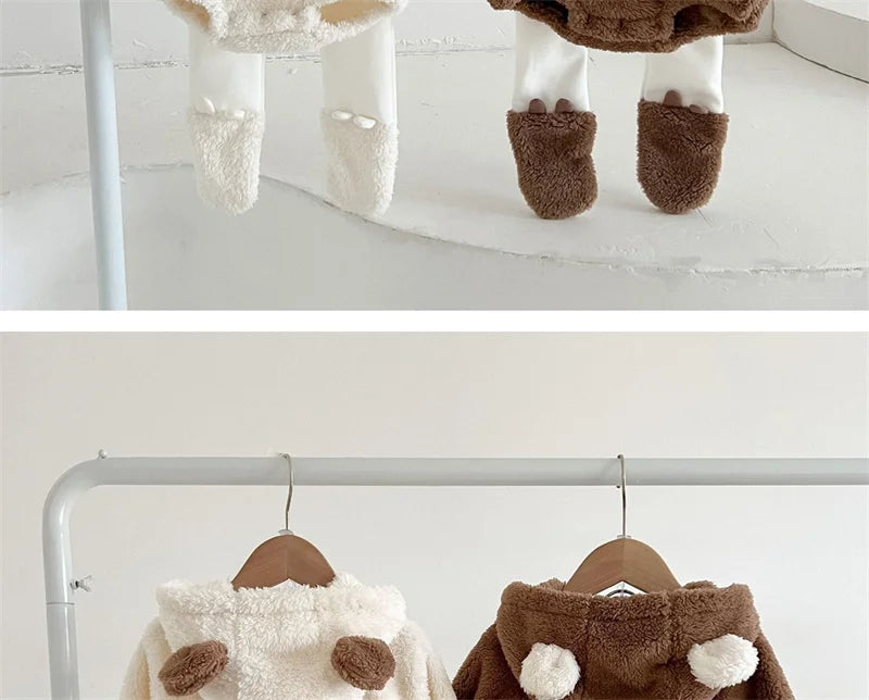 Baby Clothing Autumn Winter Cute Hooded Cartoon Bear Baby Crawling Clothes Pajamas Warm Double-sided Plush Jumpsuit Trousers Set
