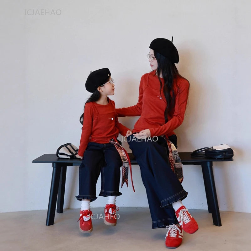 Matching Mother Daughter Children Orange Casual Outfit Straight Leg Jeans with Ribbon Trim Wide Leg Soft Denim Pants and Top Set