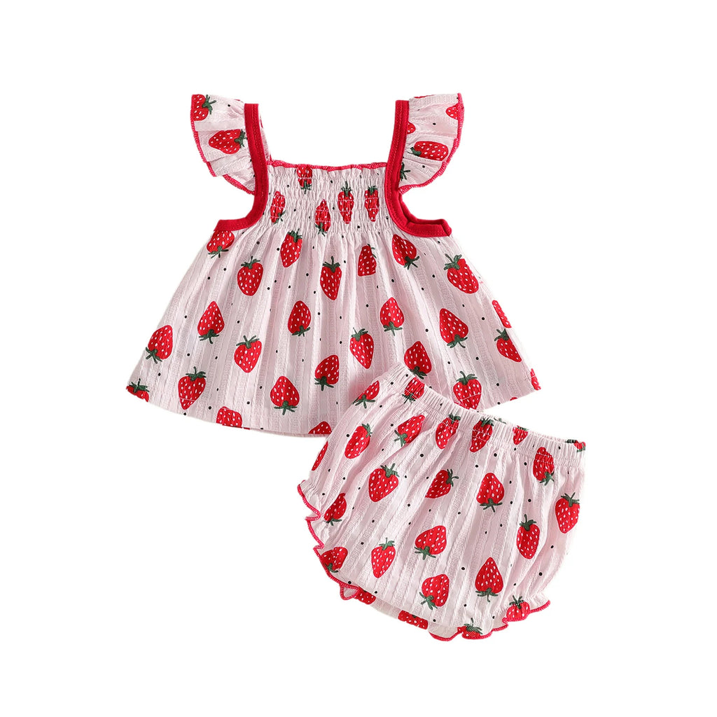 Conjunto de ropa para bebés de verano para niñas, lindo estampado de puntos, camisetas de manga voladora, pantalones cortos, atuendo