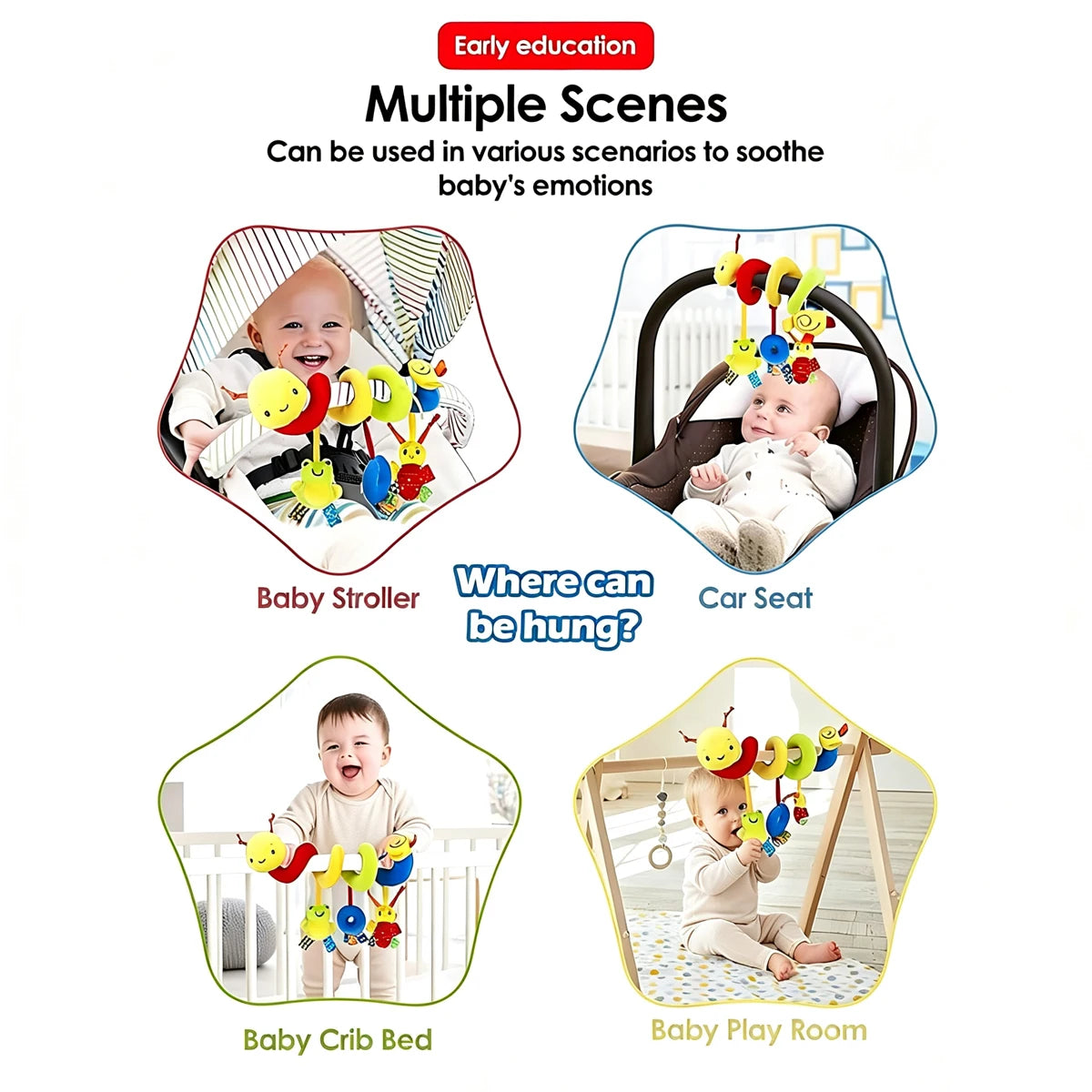 Colorful Label Bed for Infant 0-12 Months, Hanging Baby Comfort Toys Around the Bed, Safety Seat Comfort Toys with BB Squeaker