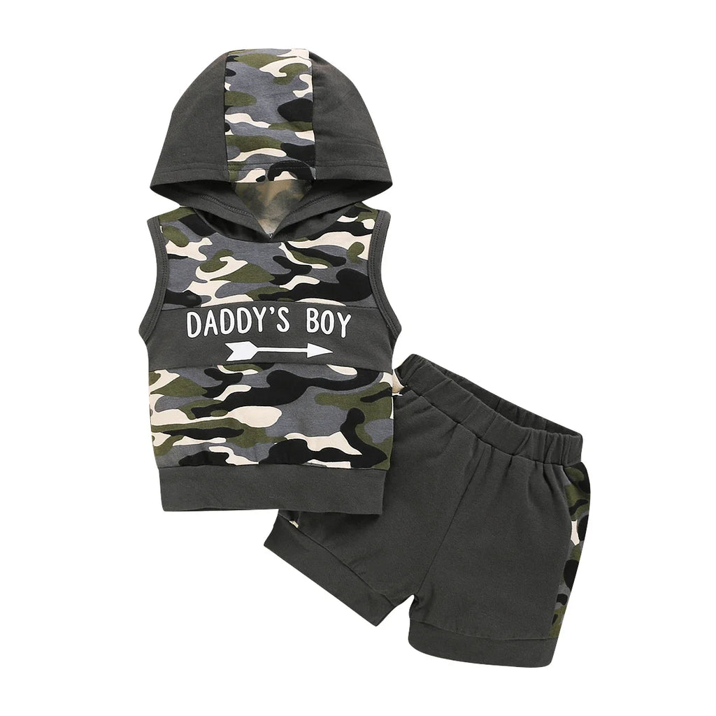Neugeborene Baby Jungen 2-teiliges Kleiderset Camouflage Kapuzenweste + Shorts Coole Kleinkind Jungen Sommer Outfits für Säuglinge 0-18 Monate