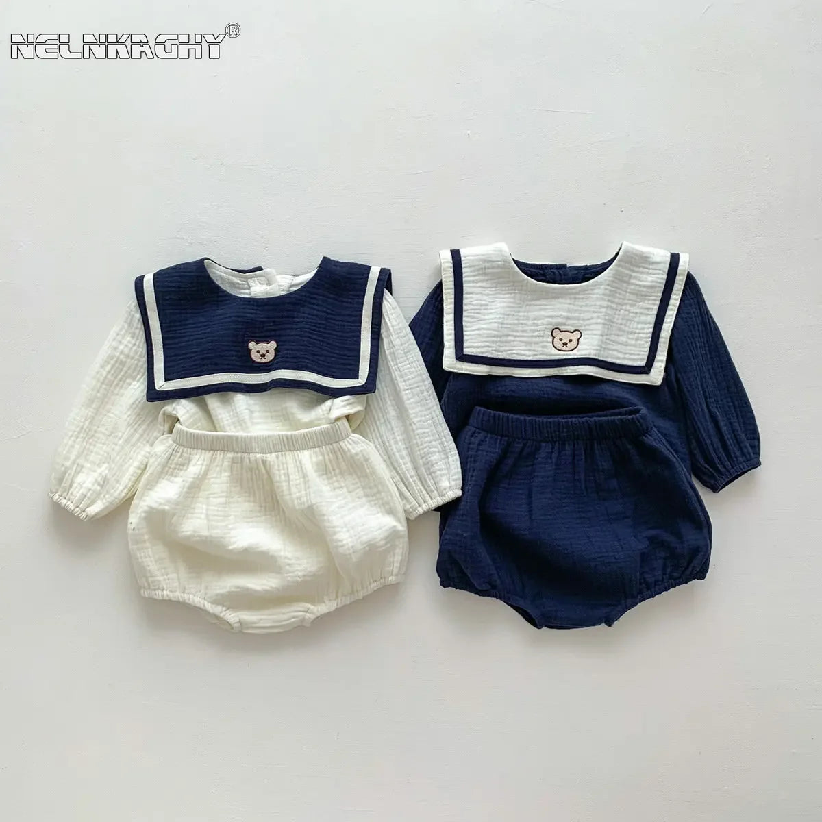 Neu im Herbst Kinder Baby Mädchen Langarm Marineführer Bären Oberteil T-Shirts + einfarbige Shorts Kleinkind Baby Baumwoll-Kleidungsset 2tlg.