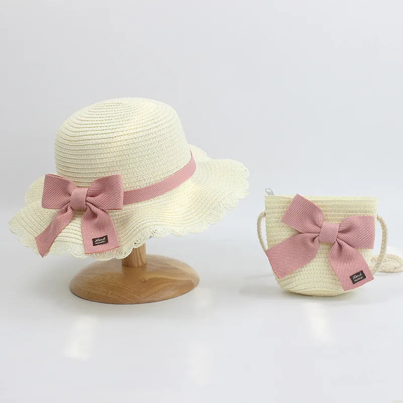 Summer Girls Beach Sun Hats Lotus Leaf Brim Cute Squinting Eyes Bowknot Outdoor Sun Protection Children Straw Cap Kids