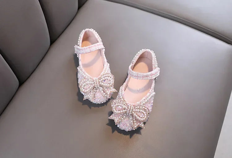 Sandalias para niñas, moda, lentejuelas, diamantes de imitación, lazo, zapatos de princesa para bebé, sandalias planas para niños, tallas 21-36