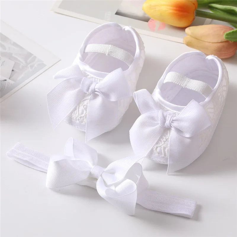 Cute Bowknot Baby Shoes for Spring Autumn First Walker Breathabled Anti-skidding Sandals 0-1 Years Old Solid Lace With Hairband