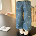 Girls Spring Autumn Jeans New Children Fashion Print Bow Loose Pants Kids Trends Wide Leg Trousers  Baby Casual Baggy Clothing