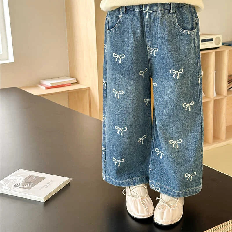 Girls Spring Autumn Jeans New Children Fashion Print Bow Loose Pants Kids Trends Wide Leg Trousers  Baby Casual Baggy Clothing