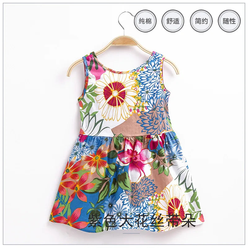 2025 Summer Girls Print Binding Rope Dress For 1-6Years Kids Cotton Sleeveless Sundress Baby Beach Above Knee Mini Casual Dress