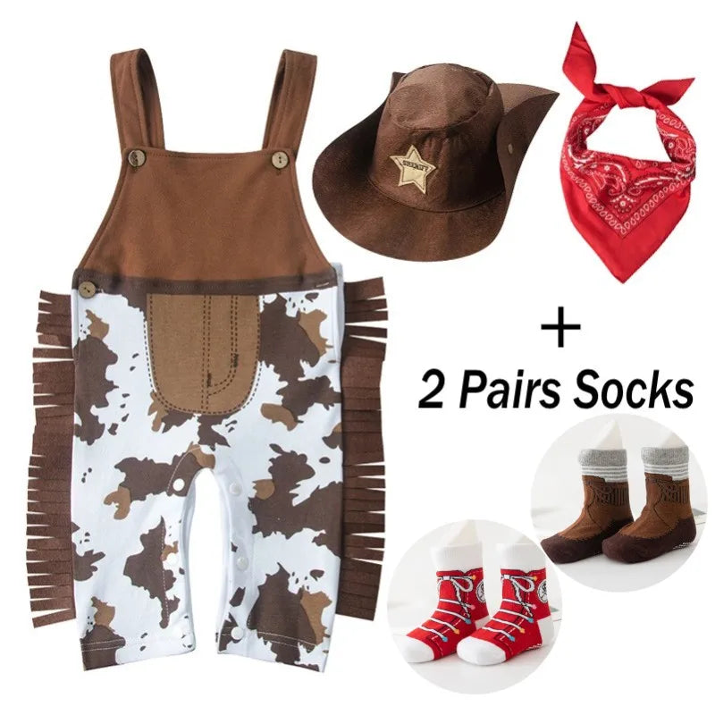 Baby Boy Clothes cowboy Costume Infant Toddler Cowboy Set 3Pcs Hat Scarf Romper  Birthday Holiday Cosplay Outfits