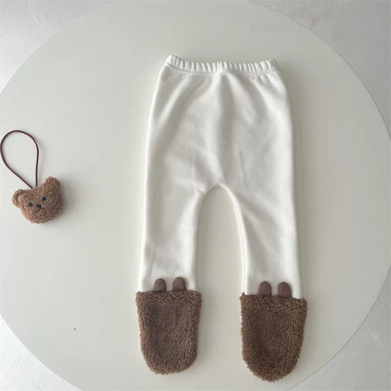Baby Clothing Autumn Winter Cute Hooded Cartoon Bear Baby Crawling Clothes Pajamas Warm Double-sided Plush Jumpsuit Trousers Set